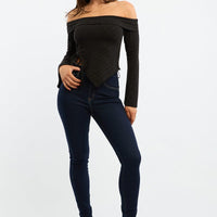 Black Off Shoulder Top Long Sleeve Ruched
