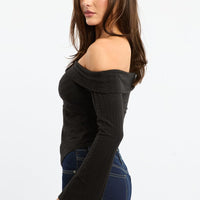 Black Off Shoulder Top Long Sleeve Ruched