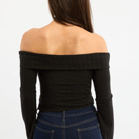 Black Off Shoulder Top Long Sleeve Ruched