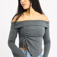Grey Off Shoulder Top Long Sleeve Ruched