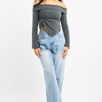 Grey Off Shoulder Top Long Sleeve Ruched