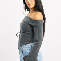 Grey Off Shoulder Top Long Sleeve Ruched