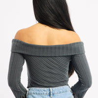 Grey Off Shoulder Top Long Sleeve Ruched