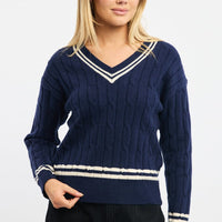 Blue Cable Knit Top Long Sleeve V-neck