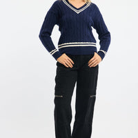 Blue Cable Knit Top Long Sleeve V-neck