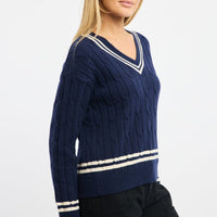 Blue Cable Knit Top Long Sleeve V-neck