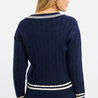 Blue Cable Knit Top Long Sleeve V-neck