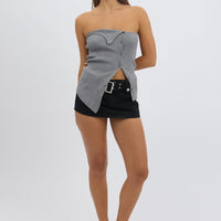 Grey Strapless Knit Top Open Front