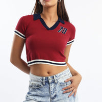 Red Knit Top Short Sleeve Collared