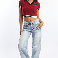 Red Knit Top Short Sleeve Collared