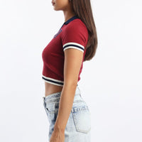 Red Knit Top Short Sleeve Collared