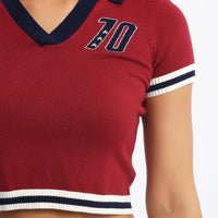 Red Knit Top Short Sleeve Collared