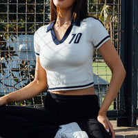 White Knit Top Short Sleeve Collared