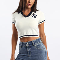 White Knit Top Short Sleeve Collared