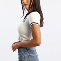 White Knit Top Short Sleeve Collared