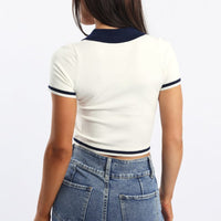 White Knit Top Short Sleeve Collared