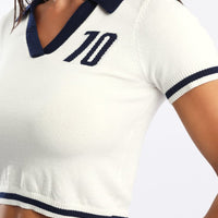 White Knit Top Short Sleeve Collared