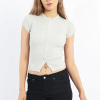 Grey Knit Top Short Sleeve Ribbed