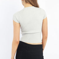Grey Knit Top Short Sleeve Ribbed