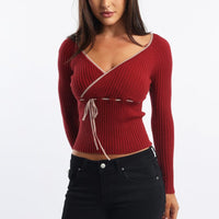 Red Knit Top Long Sleeve Wrap Front Contrast Ribbon