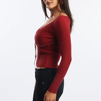 Red Knit Top Long Sleeve Wrap Front Contrast Ribbon