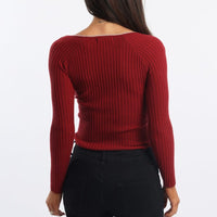 Red Knit Top Long Sleeve Wrap Front Contrast Ribbon