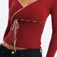 Red Knit Top Long Sleeve Wrap Front Contrast Ribbon