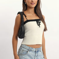 White Knit Top Sleeveless Contrast Ribbon