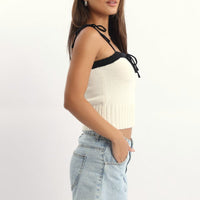 White Knit Top Sleeveless Contrast Ribbon