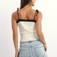 White Knit Top Sleeveless Contrast Ribbon