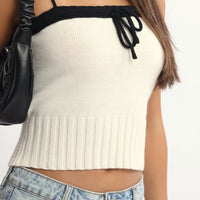 White Knit Top Sleeveless Contrast Ribbon