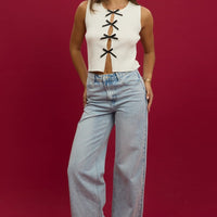 White Knit Top Sleeveless Front Ribbon
