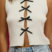 White Knit Top Sleeveless Front Ribbon