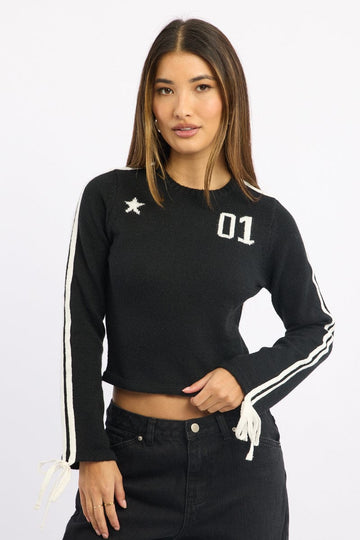 Black Crop Knit Top Long Sleeve Varsity Contrast Trim