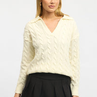 White Cable Knit Jumper V-neck