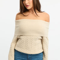 Beige Bardot Knit Top Long Sleeve Cable