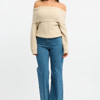 Beige Bardot Knit Top Long Sleeve Cable