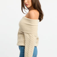 Beige Bardot Knit Top Long Sleeve Cable