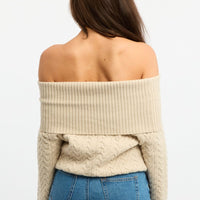 Beige Bardot Knit Top Long Sleeve Cable