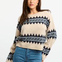 Beige Aztec Jumper Long Sleeve Crew Neck