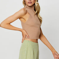 Beige Knit Top Sleeveless Turtleneck