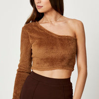 Brown One Shoulder Fluffy Knit Top