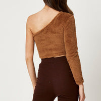 Brown One Shoulder Fluffy Knit Top
