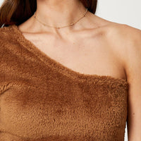 Brown One Shoulder Fluffy Knit Top