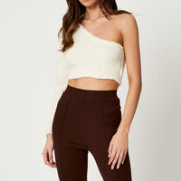 White One Shoulder Fluffy Knit Top